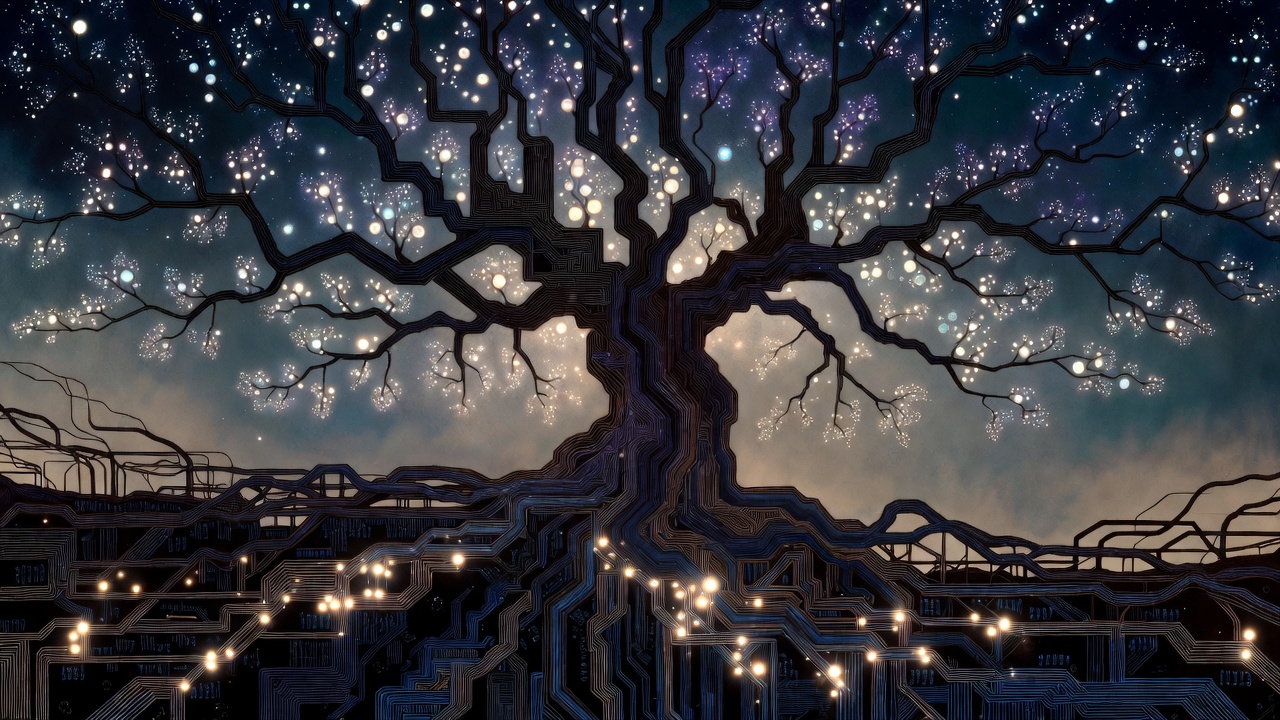A vast circuit-tree under a night sky, roots as wiring, canopy as stars.