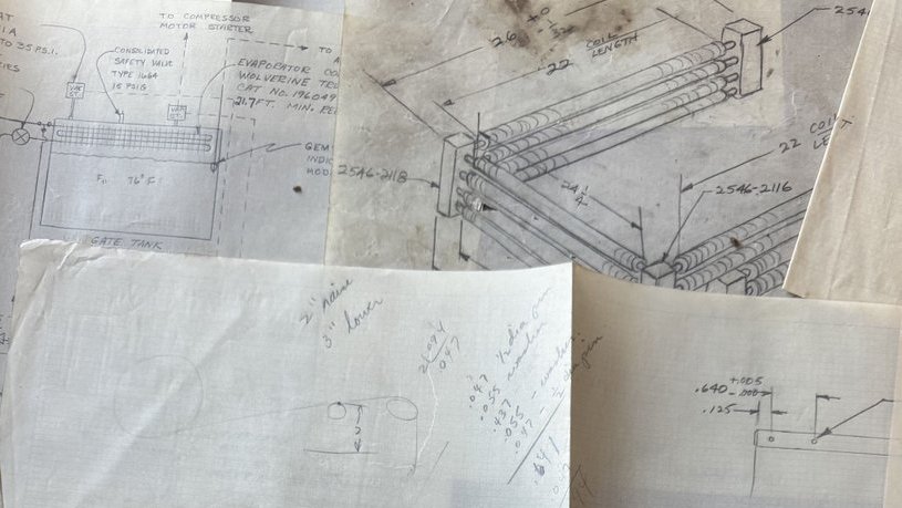 Hand-drawn engineering schematics on aged paper: a memory coil assembly and cooling unit layouts with dimensions and handwritten annotations.