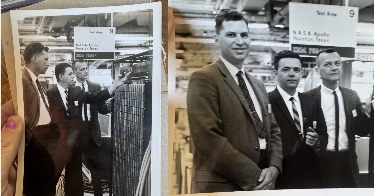 Black-and-white photographs of three engineers at NASA Apollo, Houston, Texas — Test Area 9 — standing beside core memory test equipment.